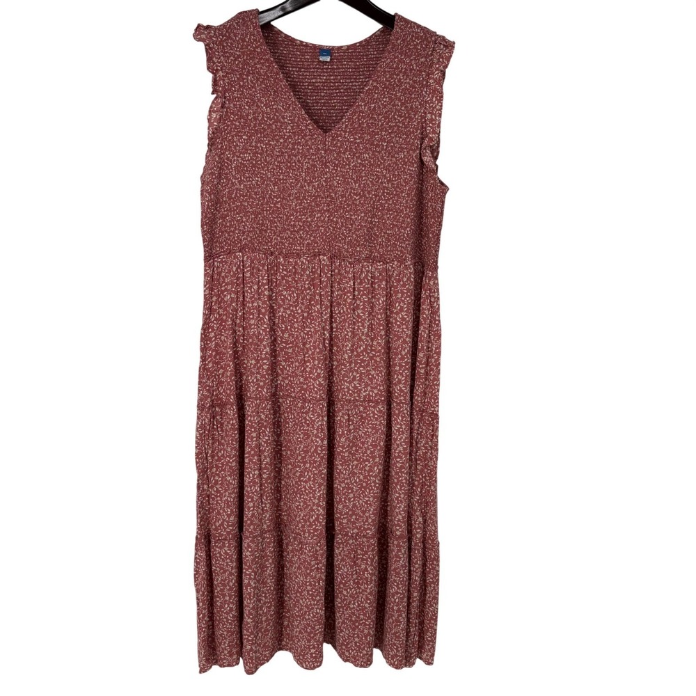Old Navy Womens XXL Pink Floral Smocked Tiered Maxi‎ Dress Ruffle Sleeveless